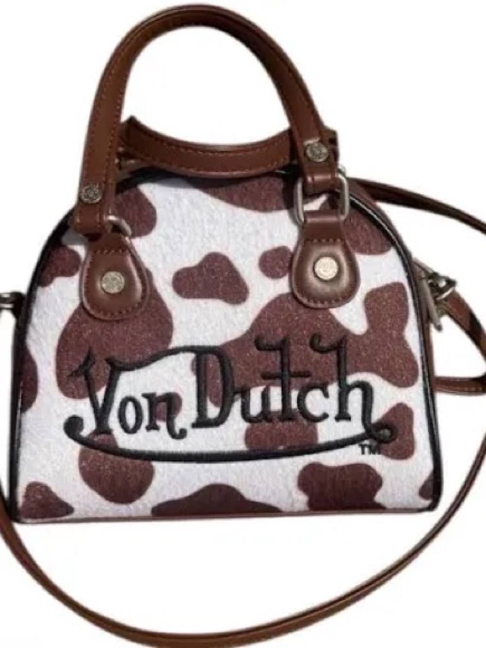 Von Dutch White & Brown Cow-Print Mini Satchel